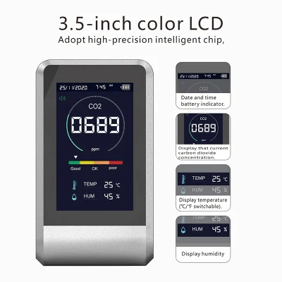 Certificação CE FCC RoHS Tela LCD Digital de Alta Precisão Detector de Temperatura e Umidade Monitor de CO2 com Função de Alarme